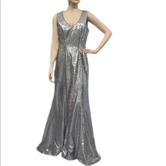 Sequin Sparkling Silver Metallic Formal Gown - Picture 2 of 16